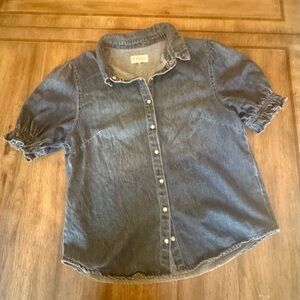RISEN Puff Sleeved Blue Denim 100% Cotton Button-Down/Snap Short Sleeved Shirt-M